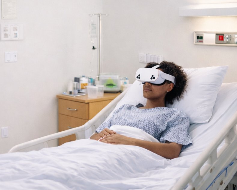 Paciente joven hospitalizada en reposo con visor VR