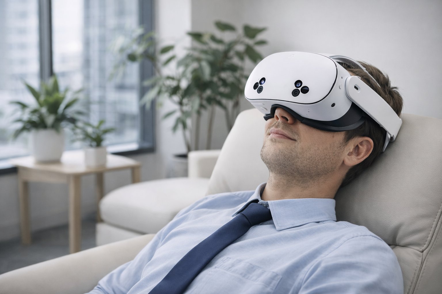 Profesional con visor VR recostado en silla ergonómica en pausa durante jornada laboral