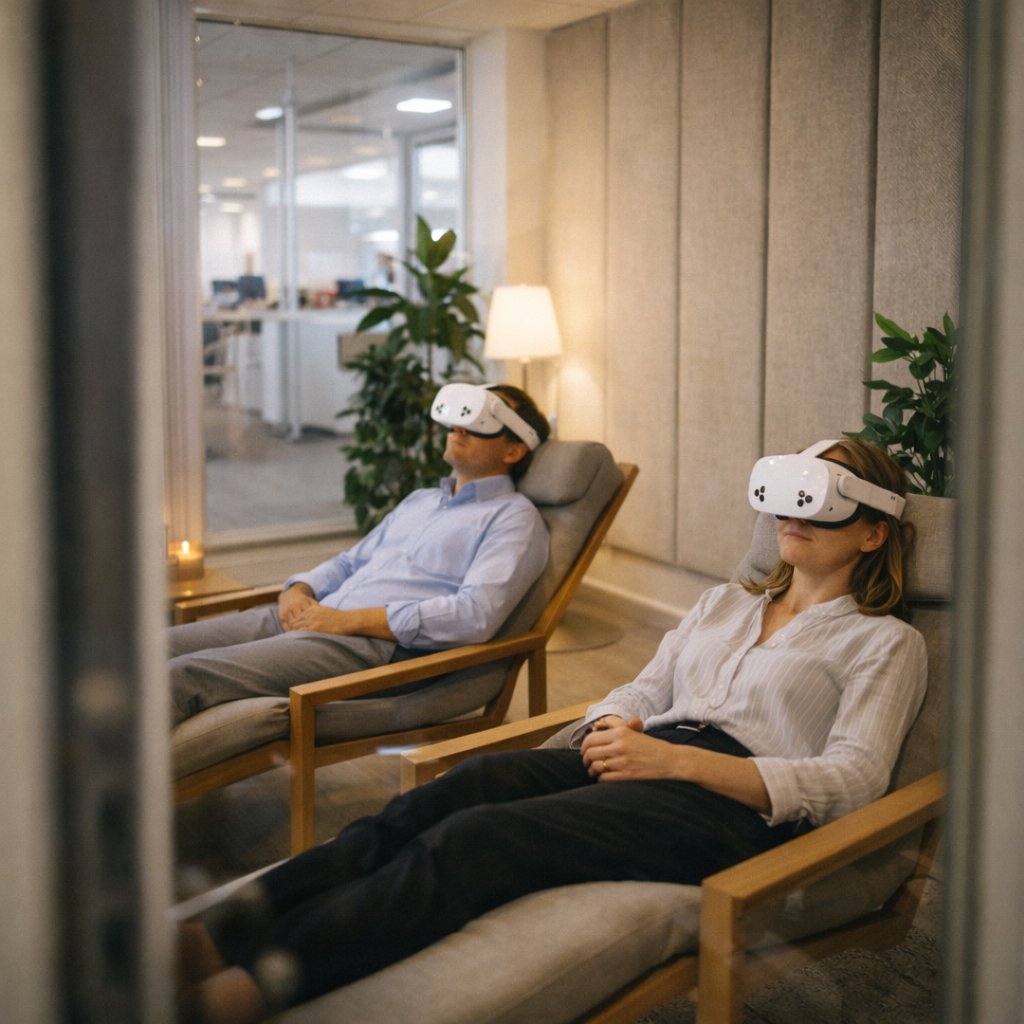 Hombre de negocios con traje usando visor VR en pausa en oficina open-plan