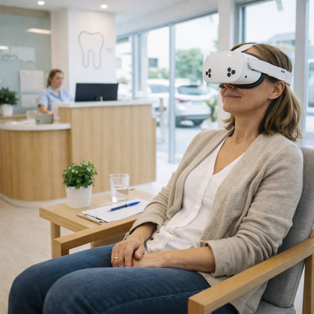 Paciente con visor VR esperando tranquila en sala de espera de clínica dental moderna