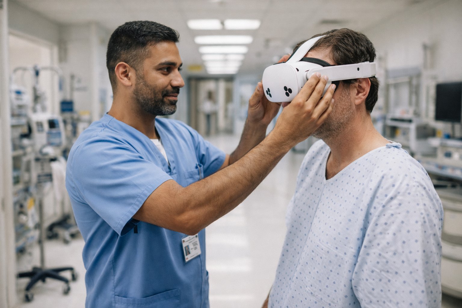 Enfermera ajustando el visor VR a paciente mayor en cama hospitalaria