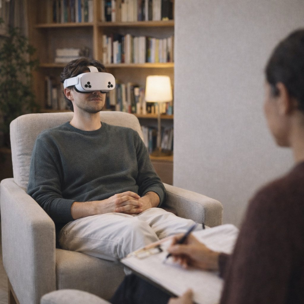 Paciente con visor VR en consulta de psicología con terapeuta observando