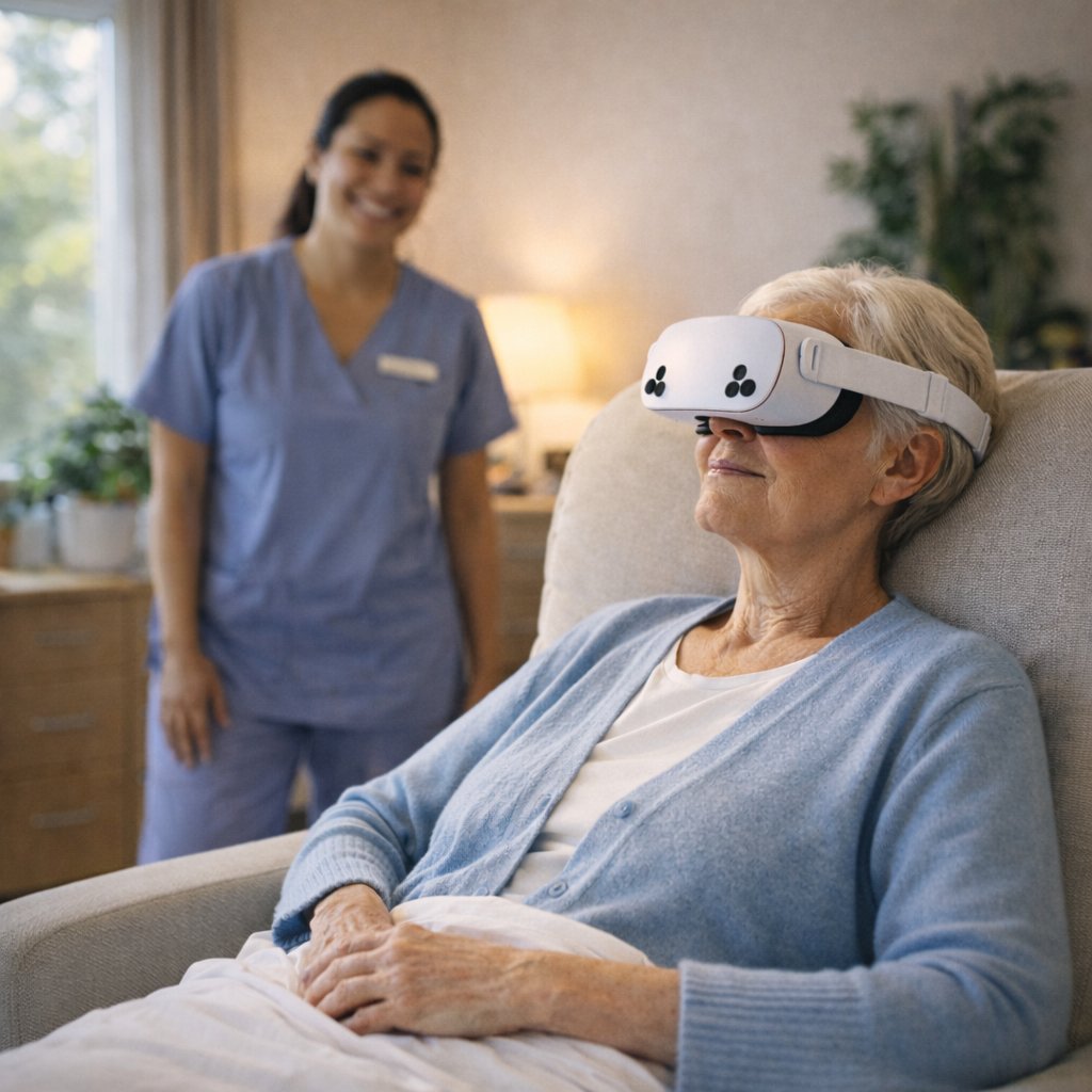 Residente mayor con visor VR en silla de ruedas con cuidadora al atardecer