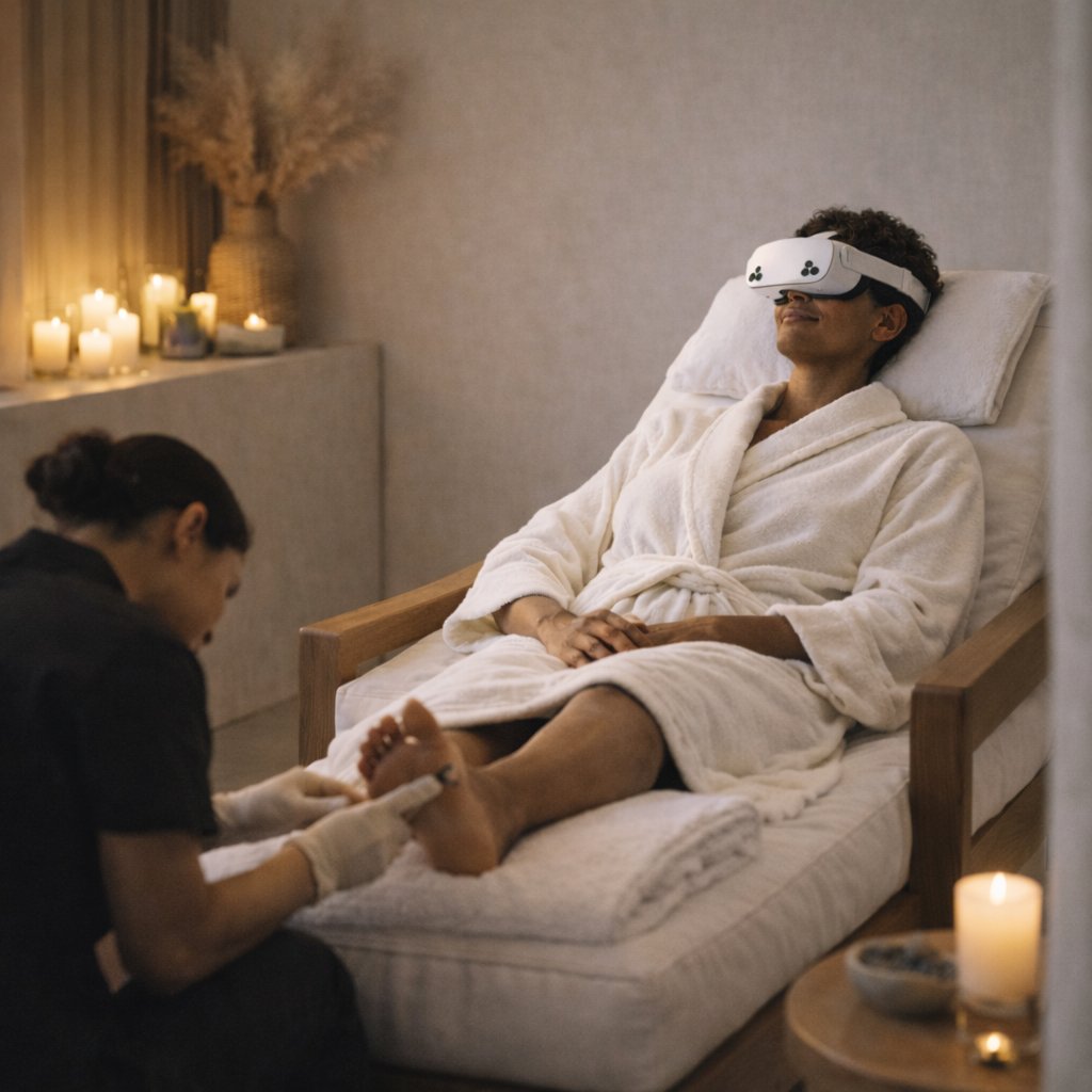 Clienta con visor VR recostada durante tratamiento de pedicura en spa con velas
